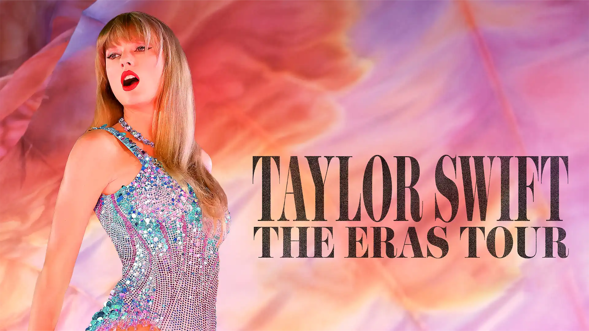 Image of Taylor Swift with pink and purple clouds in background. Text reads Taylor Swift The Eras Tour