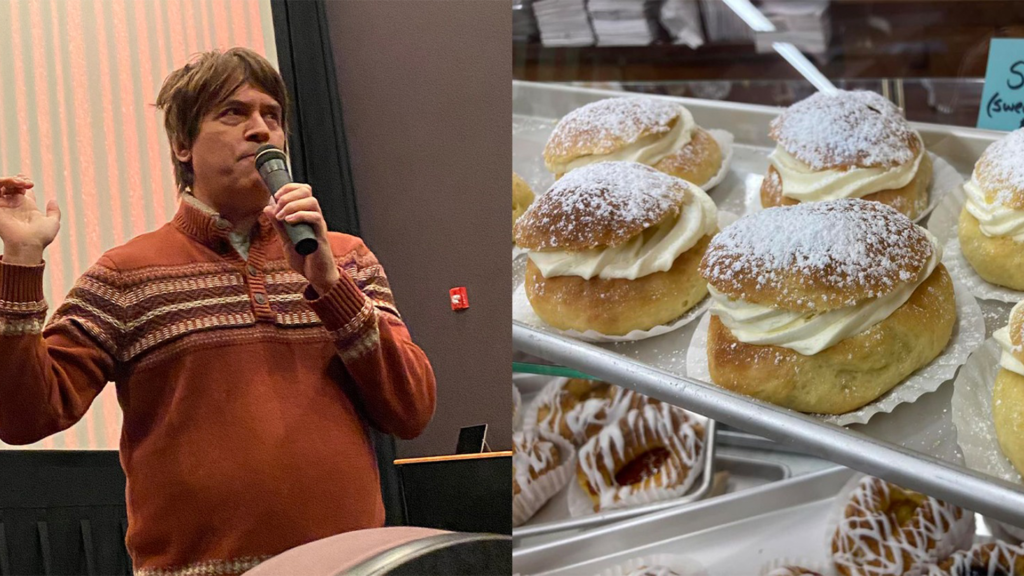 man on left with eclairs shown on right