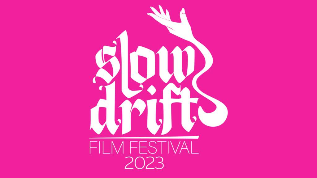 pink background, slow drift logo in white