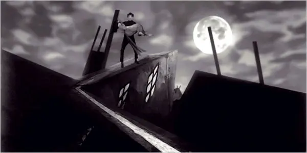 Stylized with sharp angles image in black and white of a man, standing on a rooftop, carrying a woman.