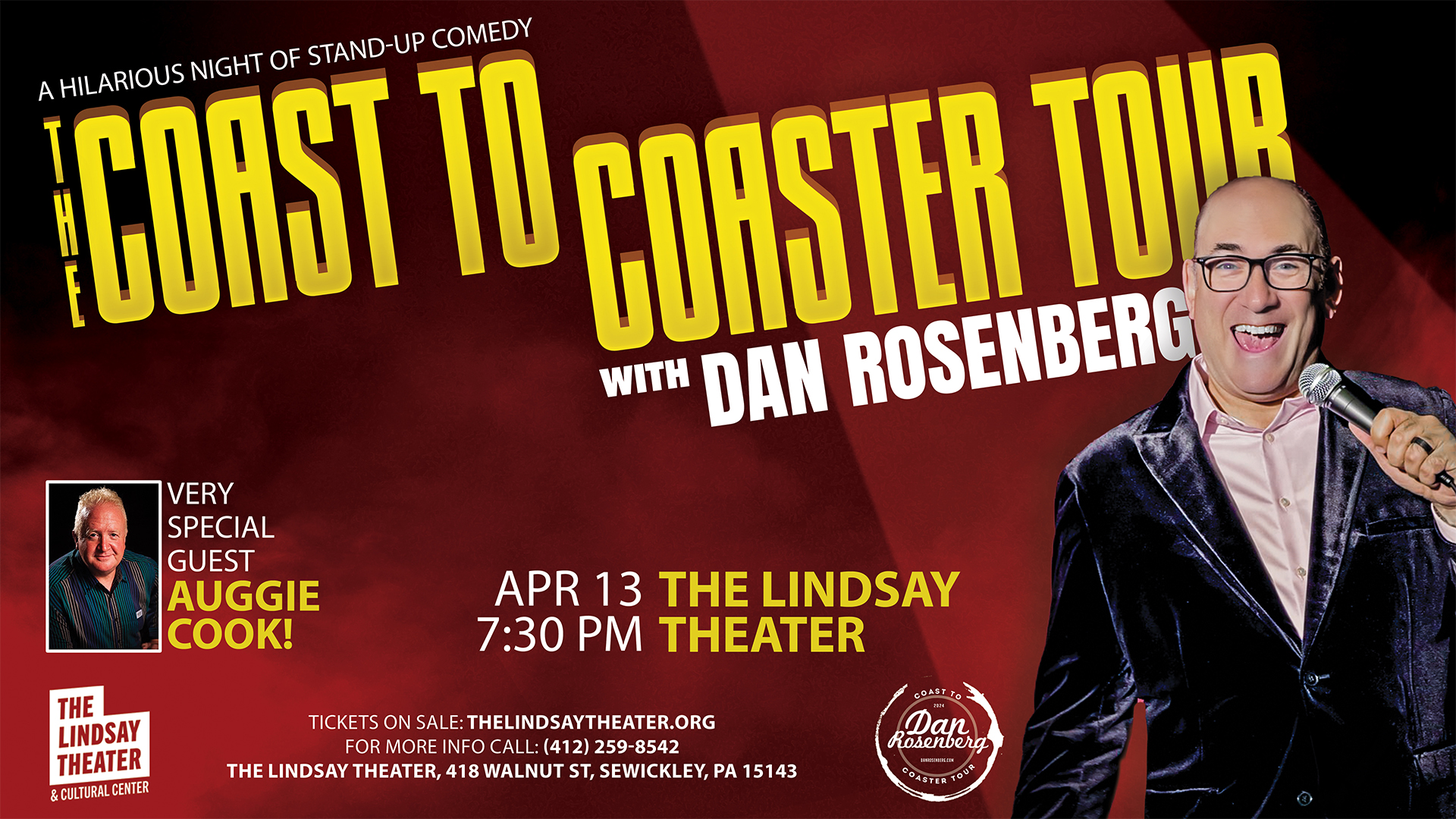 Dan Rosenberg smiles with microphone. Behind is the text "Coast to Coaster Tour with Dan Rosenberg"